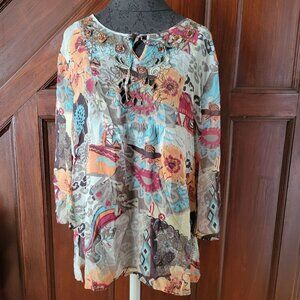 Chicos Floral Paisley Embellished Sheer Blouse Size 3. Xl